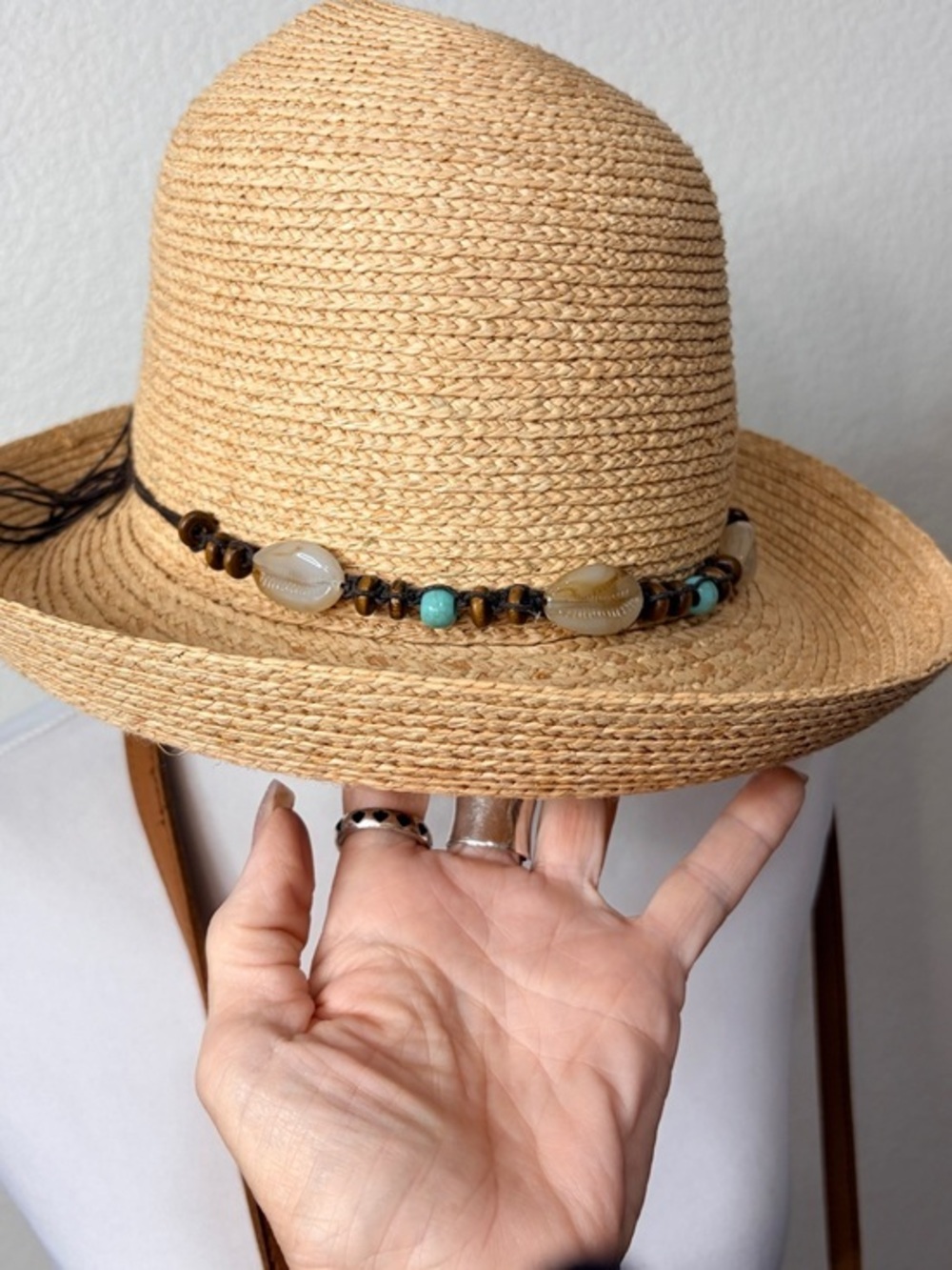 Banash Natural Straw Sun Hat with Beaded Trim Summer Beach Travel Getaway